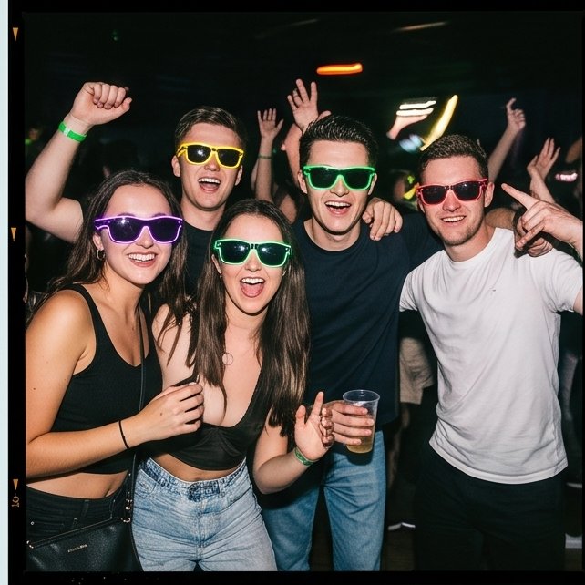 Friends wearing Sunglasses At Night at a party
